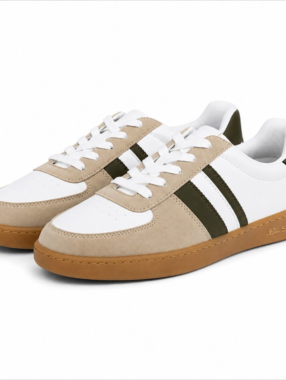 BEN SHERMAN White and Beige Low-Top Sneakers with Olive Stripe SIZE 11 NWT